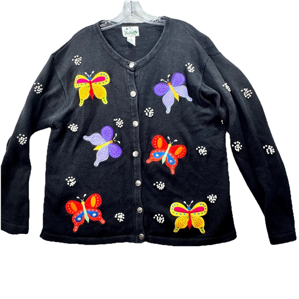 VTG Quacker Factory Button Sweater Cardigan Butterflies Black Knit Womens Large